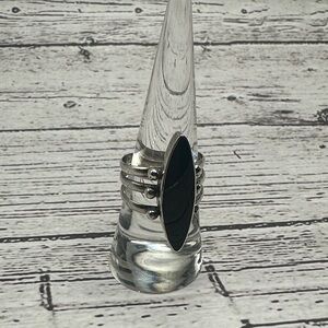 Silver Band Ring with Black Marquise Stone